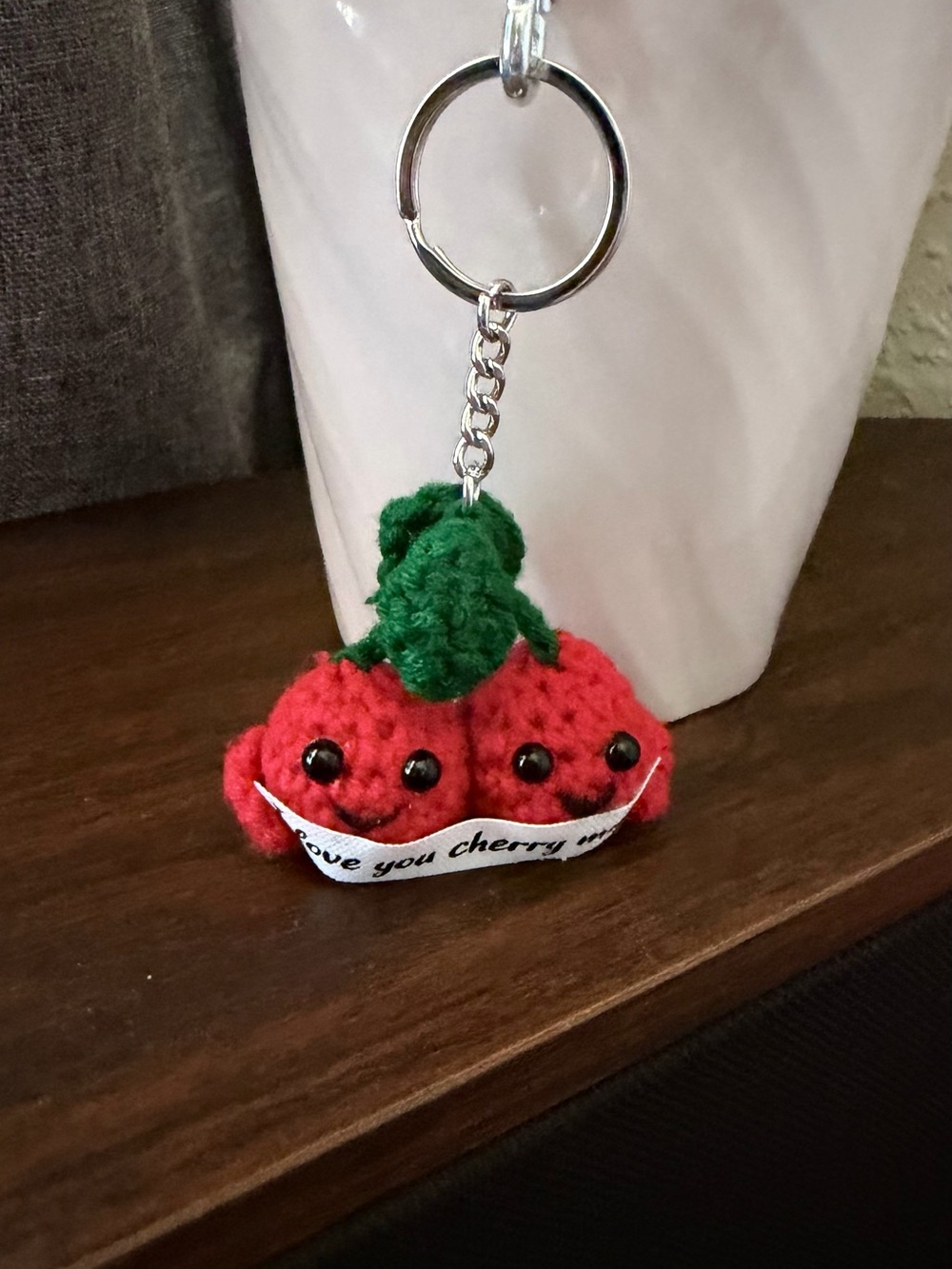 Handmade Red Cherry Crochet Keychain with Green Leaf